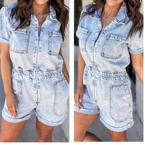 NWT KanCan Kan Can Acid Wash Zip Up Jean Denim Jumpsuit Jumper Romper